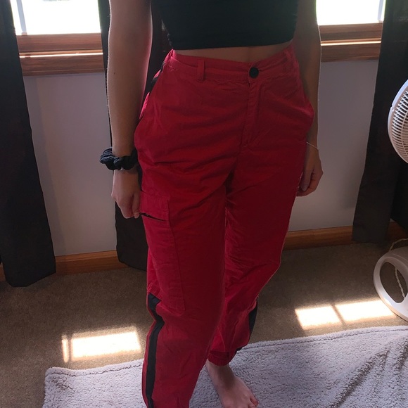 SOLD...Red Cargo Pants with Black Stripe - Picture 3 of 3